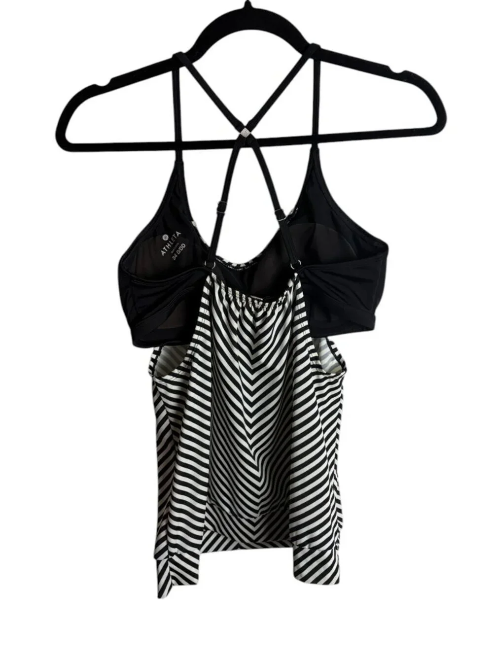 Athleta 34 d/dd Tankini Top Slash Stripe Blousy Swimsuit Black White Beach Sport